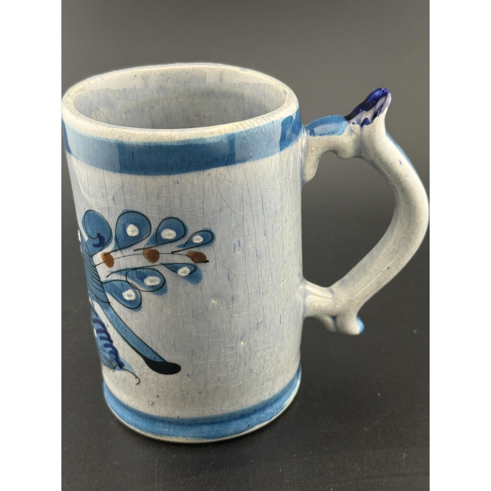 Tonala Blue Ceramic Beer Mug Bird And Floral Hand-Painted With Handle
